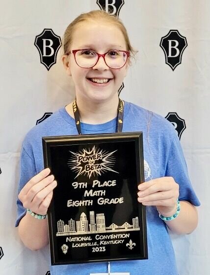 Abby Blum, Thayer, placed ninth in eighth grade mathematics at the 2023 National Junior Beta convention held June 23 through 26 in Louisville, Ky., shared teacher Trudy Britton. Abby attends Thayer High School and is the daughter of Rich and Rhonda Blum.