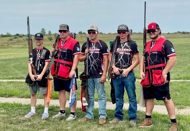 First in the nation in AIM Grand National FFA boys’ trapshooting division are, from left, Jaden Brotherton, Garrett Brigman, David Reid, Broc Barnes and Cody Jedlicka. All five are members of West Plains FFA.