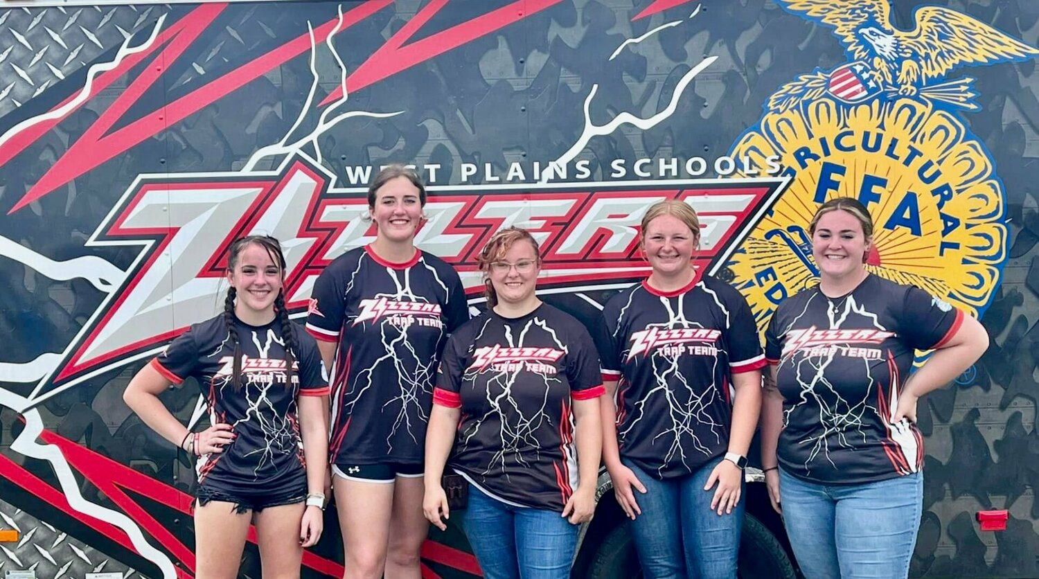 West Plains FFA girls trapshooting team members took second place in the AIM Grand National Youth Trapshooting Championships in Sparta, Ill. From left, they are Ava Cooper, Macie Doss, Anna Dame, Lily York and Shelby Moore.