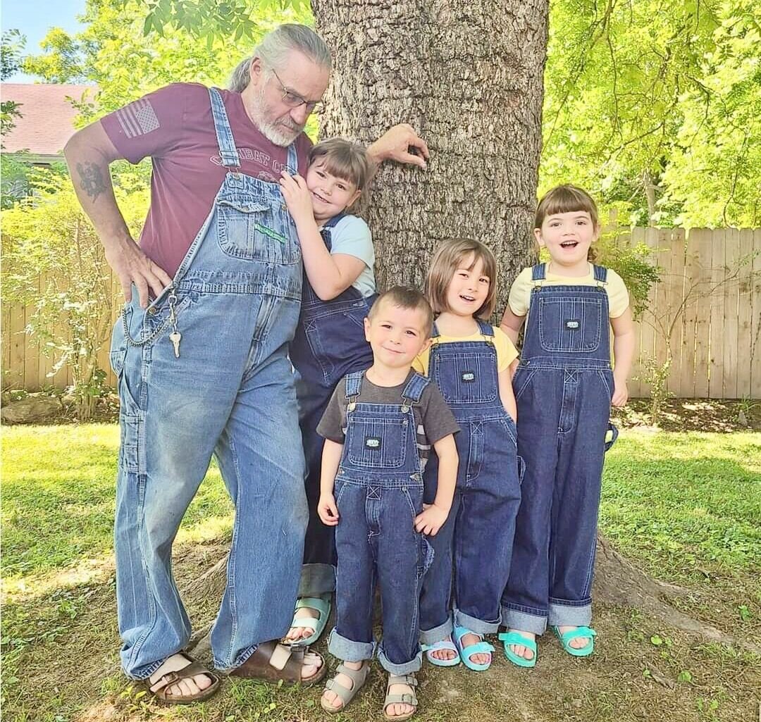 “My dad, Randy Miller, is known for always wearing overalls and Birkenstocks,”shared DeeDee Button, West Plains. “Of course, all four of his grandkids had to match!” From left, grandchildren are Serenity, Rad, Acelyn and Nevaeh.