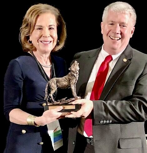 Chief Justice of the Missouri Supreme Court Mary Russell, left, recently presented special recognition in the form of a “howling wolf” to 154th District Rep. David Evans from Howell County. The award was presented to Evans at the annual joint conference of the Missouri Judiciary and the Missouri Bar, held in Kansas City. Evans said it is one of the “coolest” things that he has ever received and that it will be kept on his desk at the Capitol as a reminder of the “good people from Howell that he represents.”