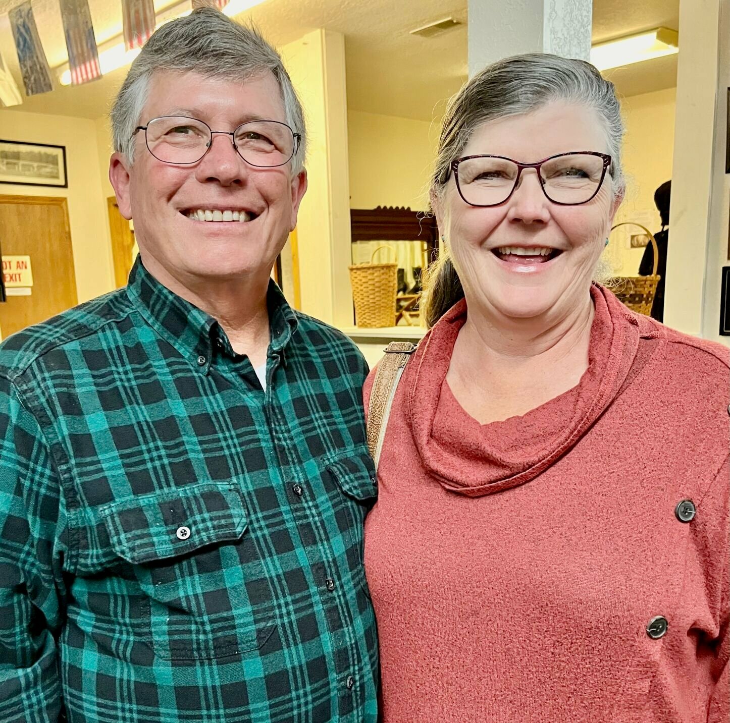 Ben Timson, left, and Ruth Maxwell recently presented a history program on the village of Cedar Grove, now extinct, that was located on the upper Current River.