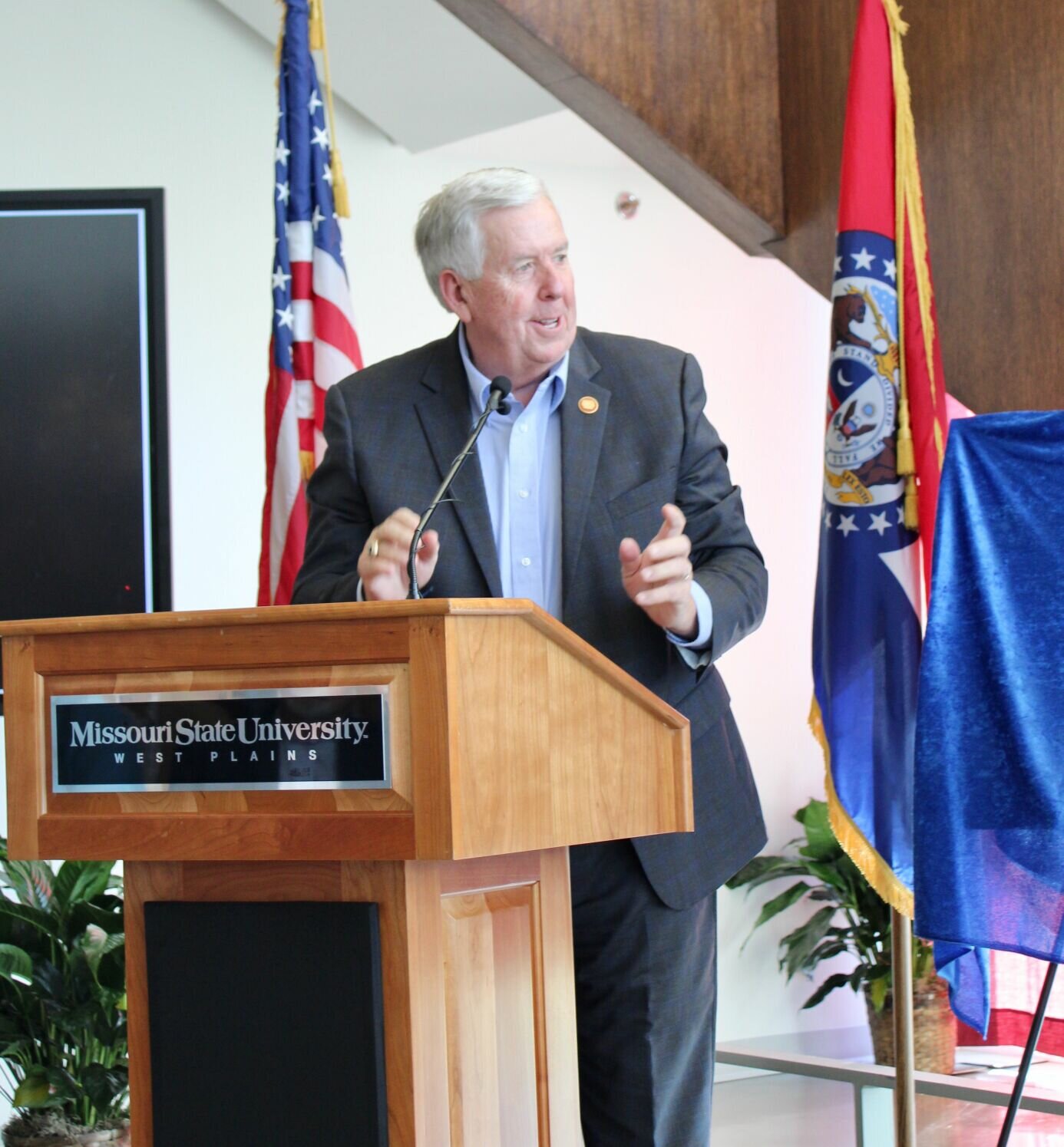 Gov. Mike Parson gave remarks on Tuesday preceding the groundbreaking of a building on the Missouri State University-West Plains campus that will house the university's TJ Swift House A.S.C.E.N.D. Program. A.S.C.E.N.D. stands for Autism Support Can Empower New Directions, and is already in place at MSU-WP, offering support services for students with autism. Other speakers included MSU President Clif Smart, MSU-WP Chancellor Dennis Lancaster, Tracey Hollis of TJ Swift House and 33rd District State Sen. Karla Eslinger, who introduced Parson.