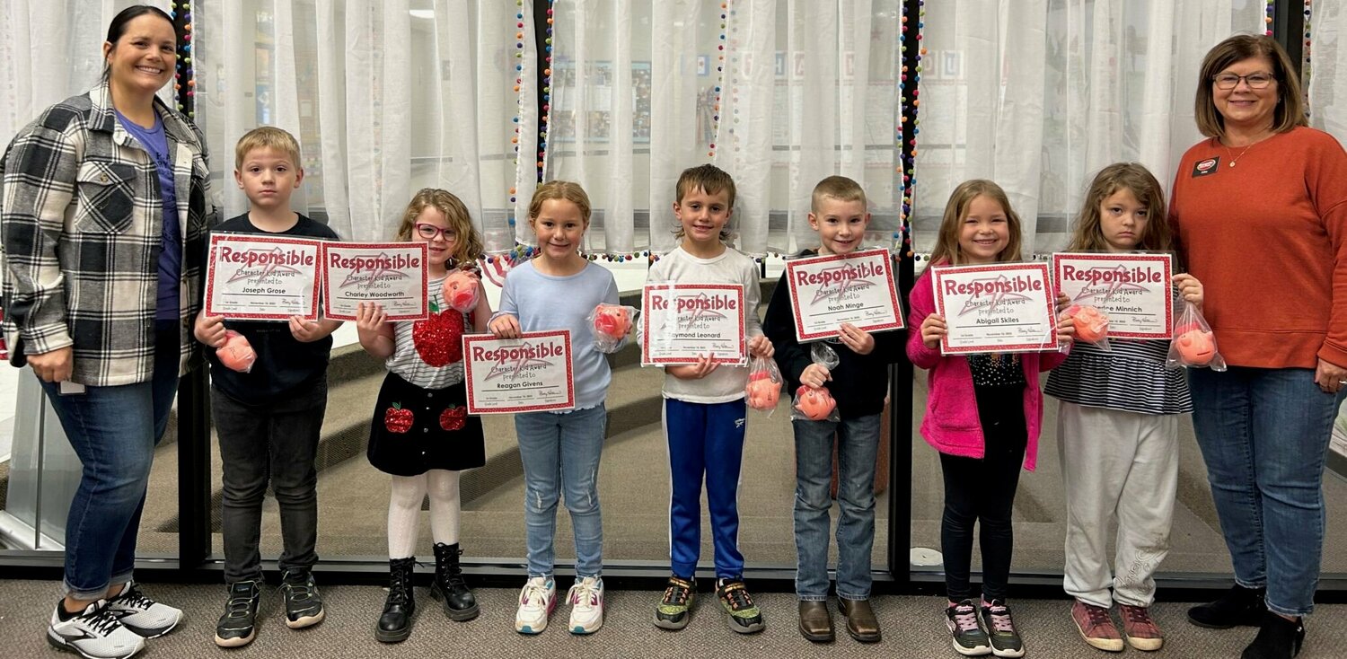 First grade Responsible Character Kids, from left, are Joseph Grose, Charley Woolworth, Reagan Givens, Ray Leonard, Noah Minge, Abigail Skiles and Emberlee Minnich.