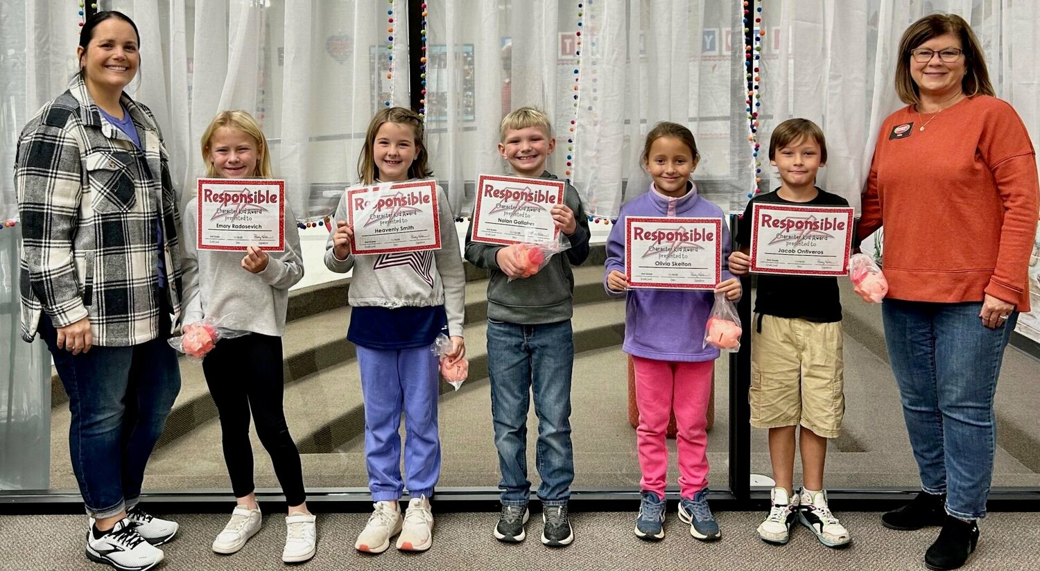 Second grade Responsible Character Kids, from left, are Emory Radosevich, Heavenly Smith, Nolan Galiher, Olivia Skelton and Jacob Ontriveros. Reece Sims and Oscar Vance were also recognized.