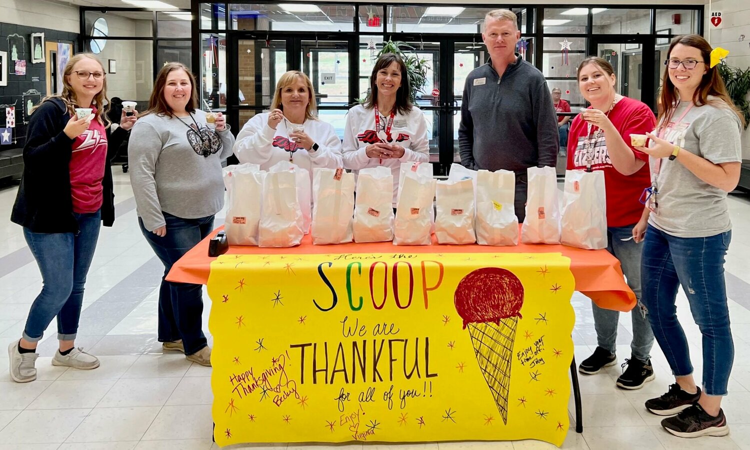 West Plains Elementary principals recently served up “sweet treats for an amazing team,” doling out cups of Spring Dipper ice cream to faculty and staff, shared school district Communications Director Lana Snodgras. “Here’s the scoop: We are incredibly thankful for each of you,” she added. From left: paraprofessional Samantha Wichern, preschool teacher Hannah Beaulieu, third grade teacher Angie Hunt, Principal Becky Hutchinson, Assistant Principal Joby Steele, fourth grade teacher Haley Falterman and teacher Anna Collins.