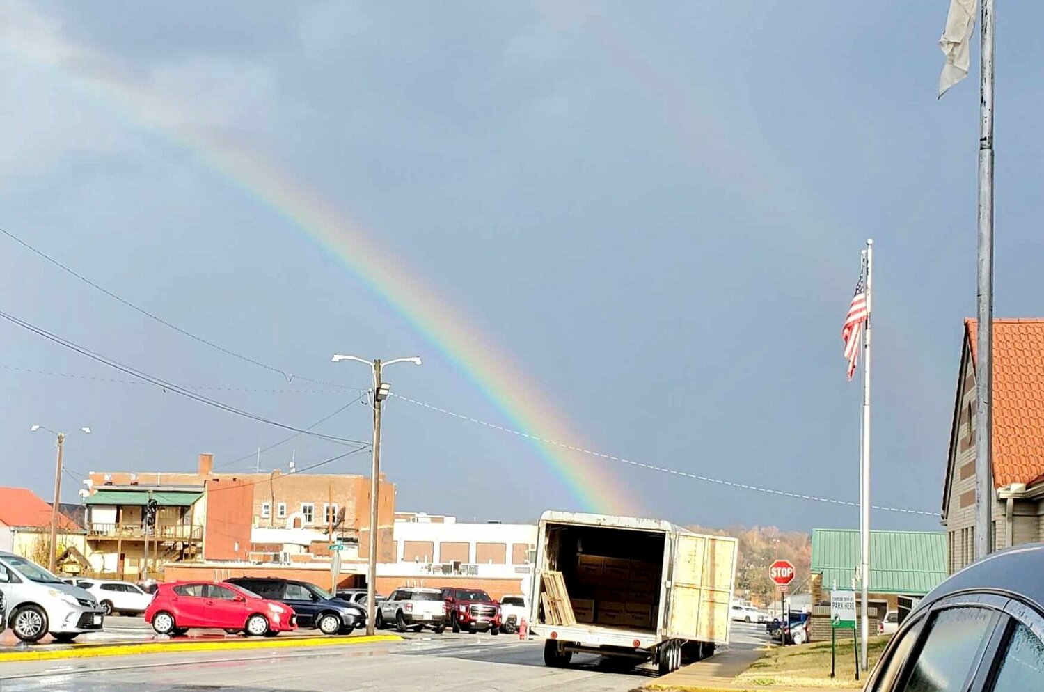 A double rainbow graced the sky on the last day of Operation Christmas Child shoebox collections as volunteers loaded the boxes into trucks to be shipped out. Volunteer Drop-Off Team Leader Lesa Rothgeb with First Baptist Church said, “The rain stopped and a beautiful double rainbow came out! The first bright bow seemed to arch its way into the trailer where the shoeboxes were and then the fainter one landed over the church! God seemed to be saying, ‘Well done, West Plains!’”
