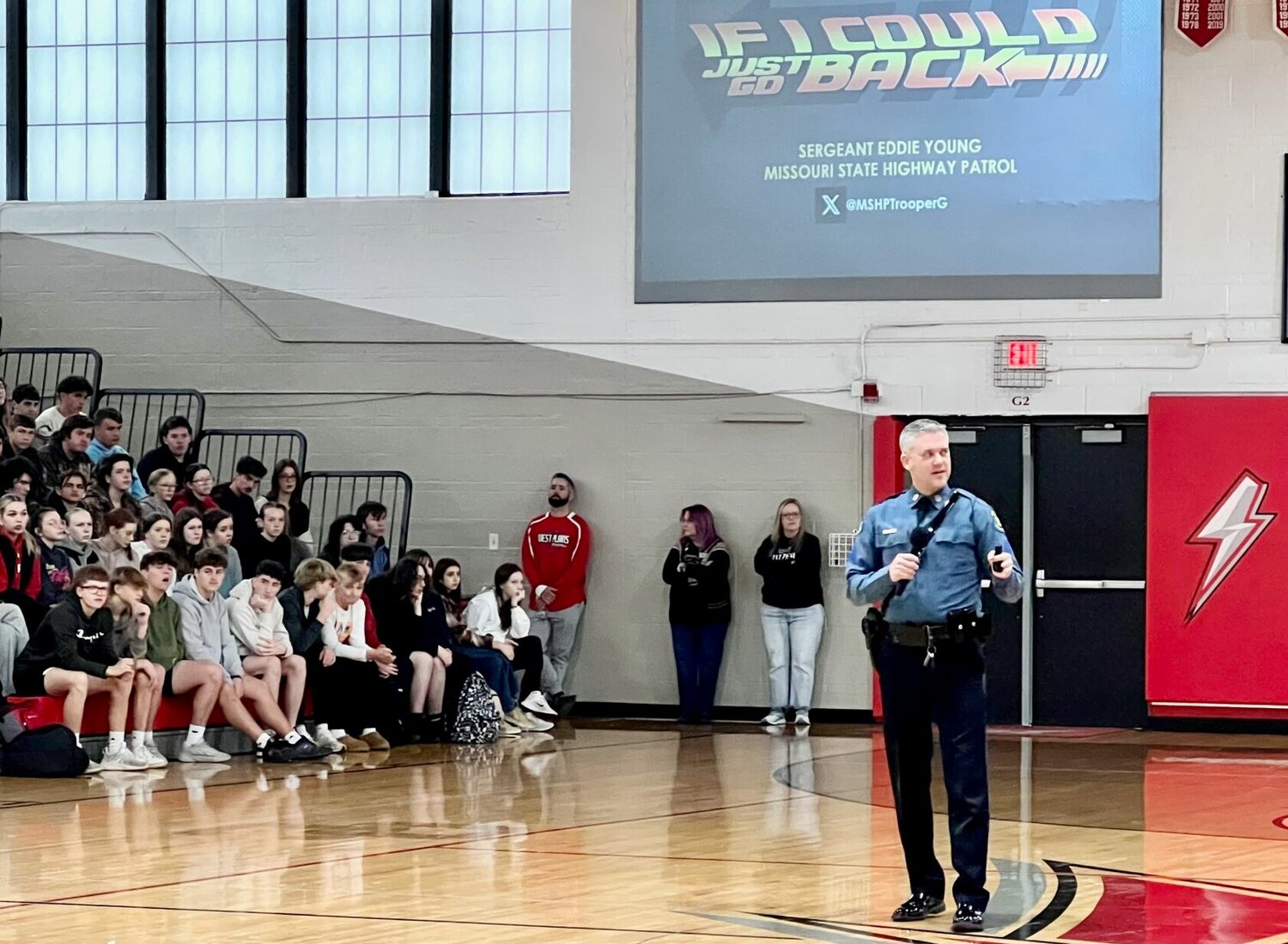As part of the West Plains High School Buckle Up, Phone Down Challenge, West Plains High School students participated in a safe driving assembly led Friday morning by Sgt. Eddie Young of the Missouri Highway Patrol. The West Plains High School Student Council has issued a challenge to collect pledges for the Missouri Buckle Up, Phone Down (#BUPD) campaign through the Missouri Department of Transportation.. The STUCO students encourage everyone to pledge to buckle up and put their phones down while driving. Zizzer students, families and staff can take the #BUPD pledge online at www.savemolives.com/mcrs/AAAShowdown. The student council can earn $4,000 for the student competition, and a community competition could earn STUCO $1,500, said school officials.