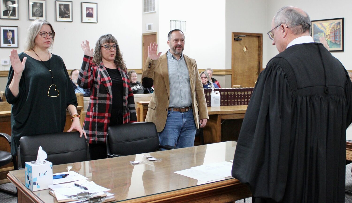 The 37th Judicial Court Appointed Special Advocates (CASA) has sworn in three new board members. Taking their oaths are, from left, Lynette Reid, Maggie Fielder and Marcus Allen, all of West Plains. Administering the oaths is Presiding 37th Judicial Circuit Judge Steven Privettes. Reid is board treasurer, Fielder is chair of fundraising and Allen is chair of personnel. CASA is a nonprofit organization that trains volunteers to advocate for children that have placed in state care due to abuse or neglect during legal proceedings to determine long term placement, with a focus on the well-being of the child. To become a CASA volunteer, call 417-255-2100 or for more information visit the CASA website at 37thcasa.net.